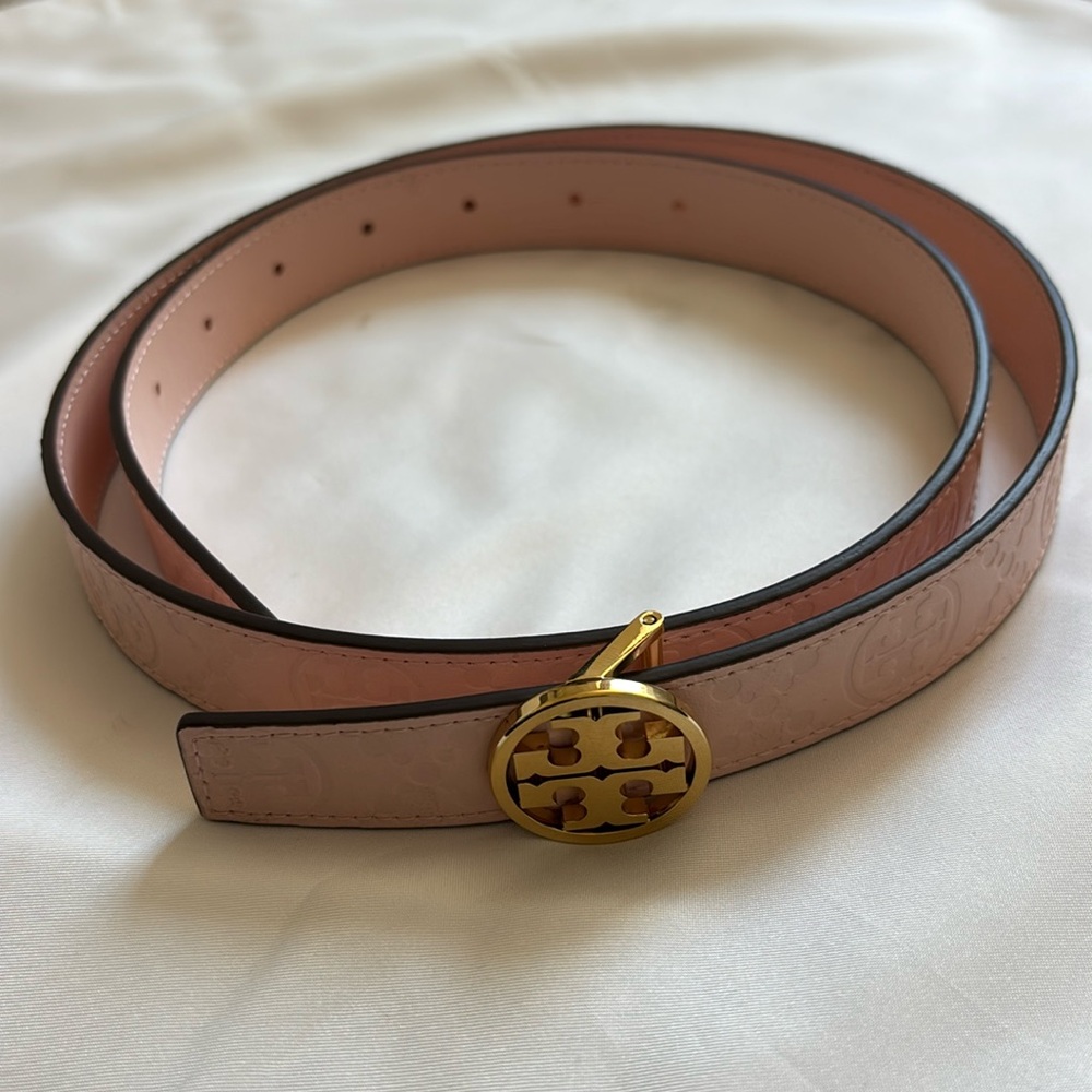 Tory Burch 1" Miller Debossed T Monogram Belt, Pink/Gold, Sz Medium